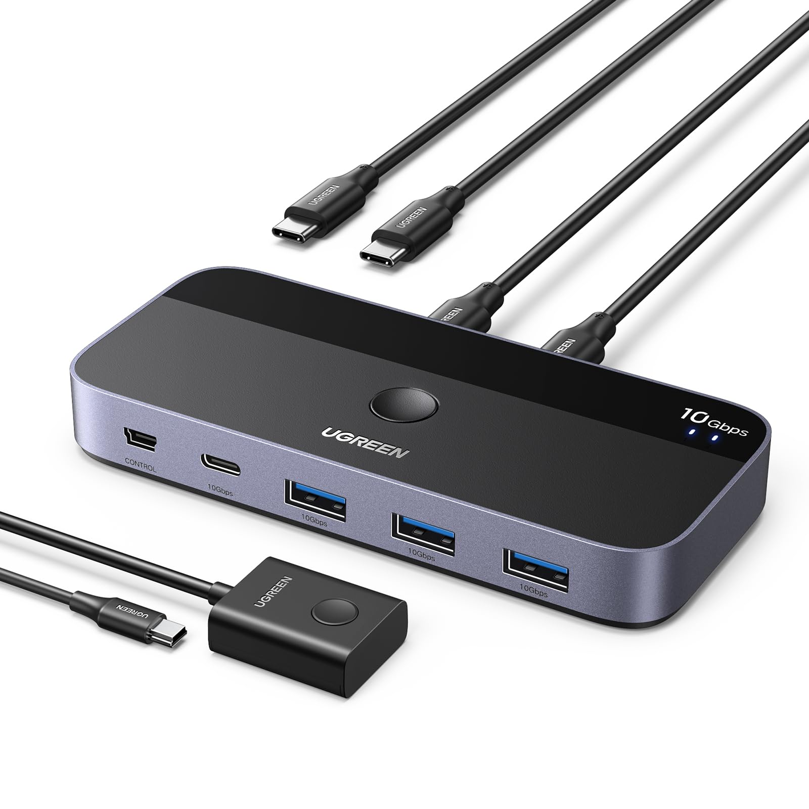 UGREEN USB C Umschalter 2PC 2x4 USB 3.2 10Gbps mit Kontroller. Kompakter Umschalter für 2 PCs und 4 USB 3.2 Geräte.