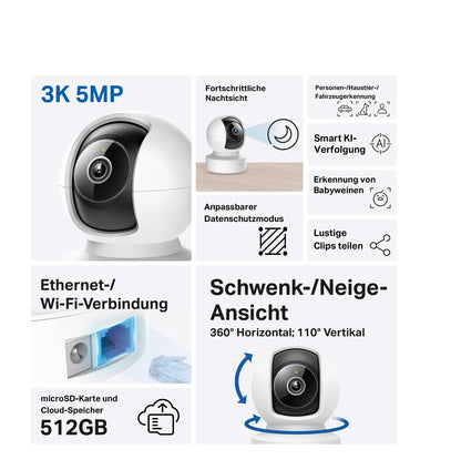 Tapo C232 Überwachungskamera 3K 5MP mit WLAN, Ethernet und Nachtsicht