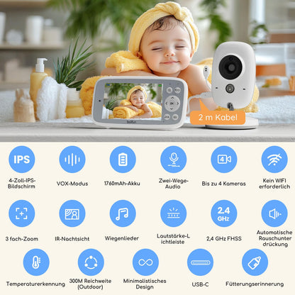 BOIFUN Babyphone mit Kamera VB616, 4 Zoll 720P Monitor, Nachtsicht