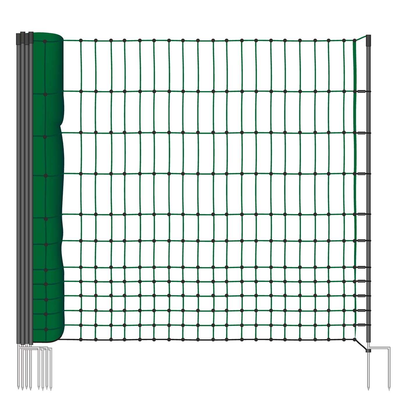 VOSS.farming Geflügelnetz Classic, Hühnerzaun, 112 cm, 25 m, grün – grüne Kunststofflitzen, Doppelspitz-Pfähle