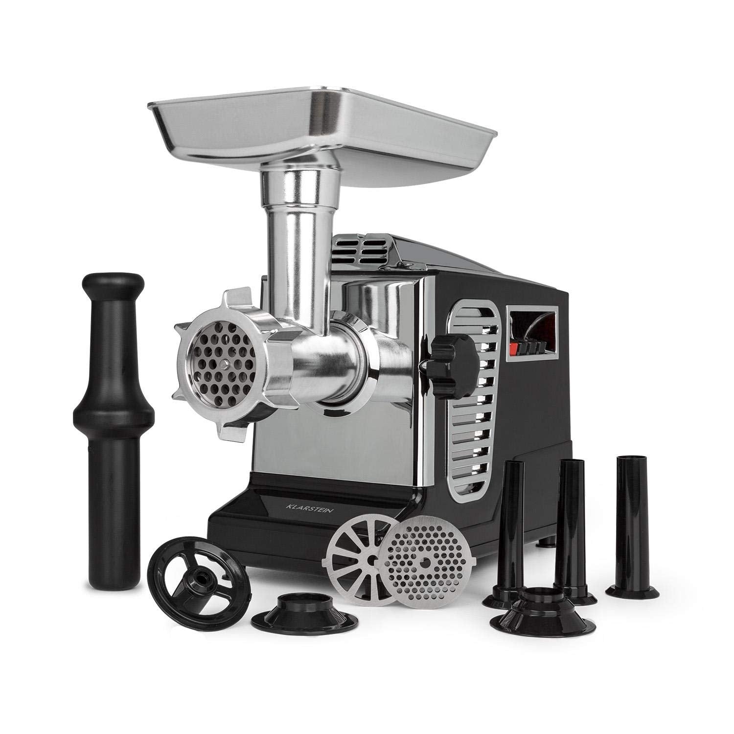 Klarstein Kraftprotz Elektrischer Fleischwolf - Schwarz/Silber. Kompaktes Gerät in Schwarz/Silber. Zerkleinert Fleisch & stellt Wurst her.