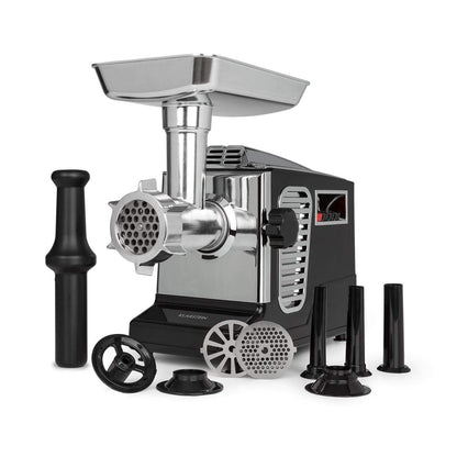 Klarstein Kraftprotz Elektrischer Fleischwolf - Schwarz/Silber. Kompaktes Gerät in Schwarz/Silber. Zerkleinert Fleisch & stellt Wurst her.