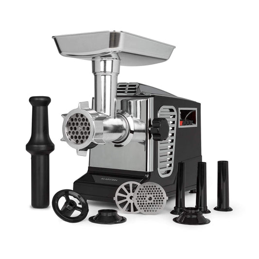 Klarstein Kraftprotz Elektrischer Fleischwolf - Schwarz/Silber. Kompaktes Gerät in Schwarz/Silber. Zerkleinert Fleisch & stellt Wurst her.