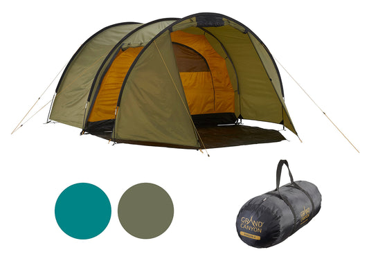 Grand Canyon Robson Tunnelzelt für 4 Personen, Oliv. Olivfarbenes Tunnelzelt, bietet Schutz beim Camping.