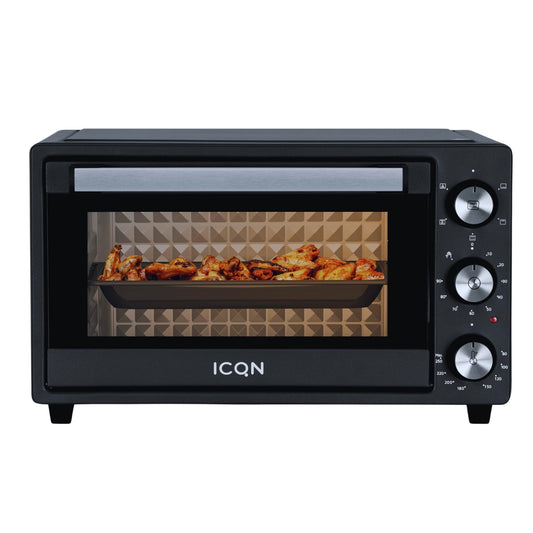 ICQN Minibackofen 20L Umluft- & Grillfunktion Schwarz: Rechteckiger, schwarzer Kompaktbackofen zum Backen, Garen und Grillen kleinerer Speisen.
