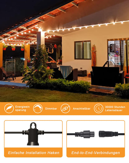 Zuske 30M Lichterkette Außen, LED Lichterkette Aussen strom mit 50+2 Warmweiße G40 Bruchsicher Glühbirnen, IP65 Wasserdicht Outdoor Lichterketten für Garten Terrasse Hochzeiten Partys Bistro Balkon
