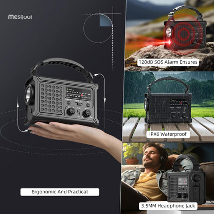 Mesqool CR1030 Notfallradio, Solar-Kurbelradio AM/FM mit Powerbank