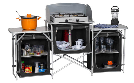 BERGER Campingküche XL – Faltbarer Campingschrank mit Windschutz. Grauer Klappschrank. Bietet mobile Kochstelle und Stauraum.