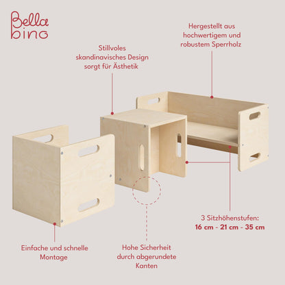 Bellabino AKI Kindermöbel Set Montessori 3-tlg. Holz