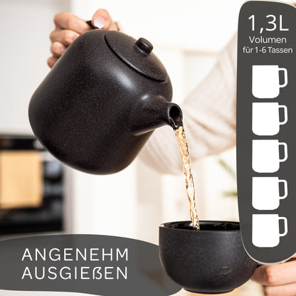 STEINZEIT Design Teekanne mit Stövchen 1.3L – Keramik Schwarz