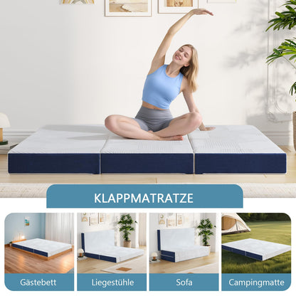 Hiimgo Faltmatratze 75x195x15 cm 4-teilig - Weiss/Blau