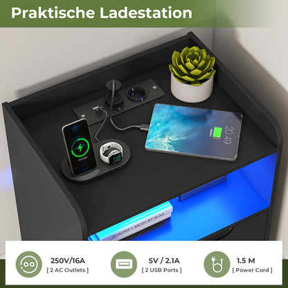 Brinlawb Nachttisch 2er Set mit Ladefunktion & LED, Schwarz