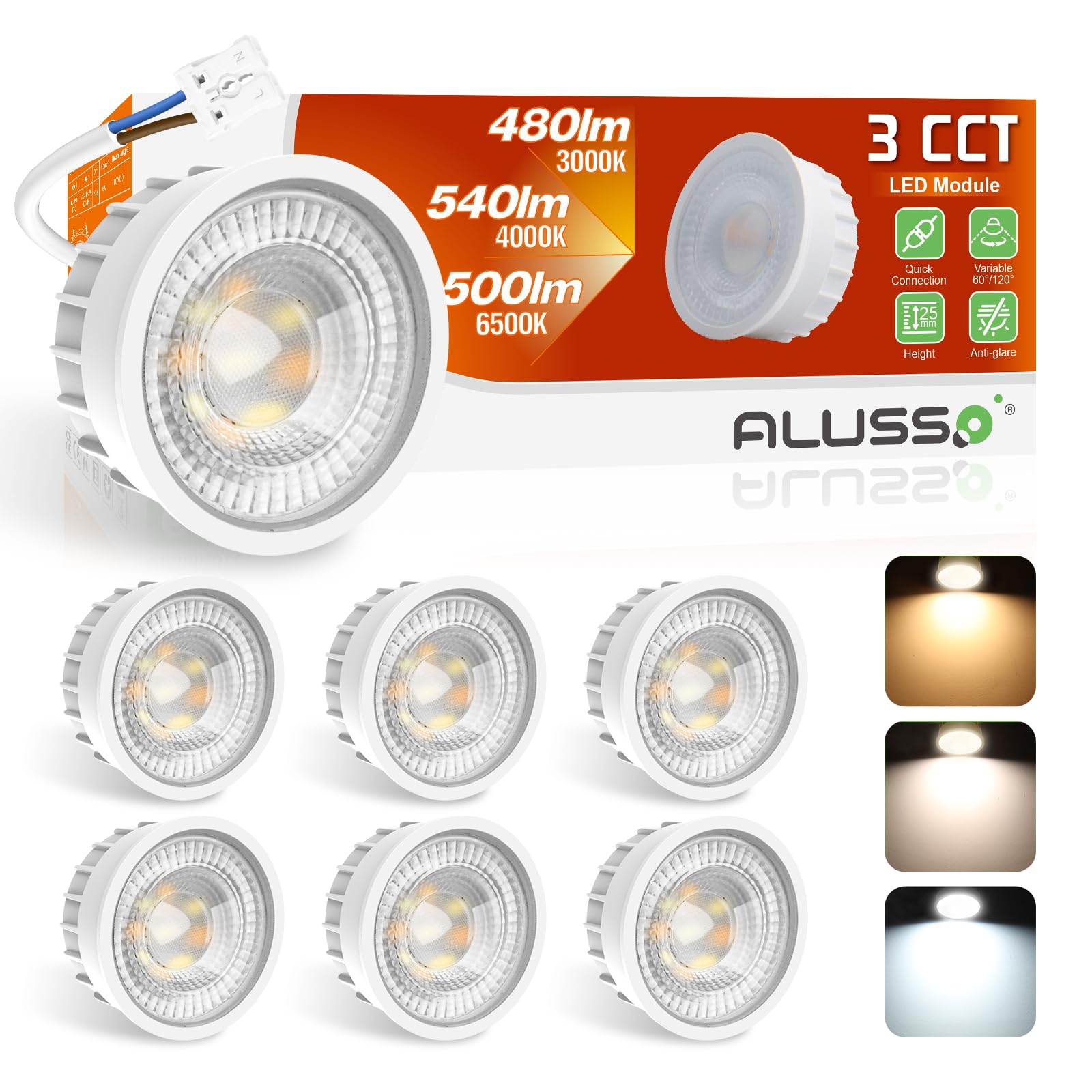 ALUSSO LED Modul 6W 540lm dimmbar, 3 Farbtemperaturen, IP44, 6er-Set, runde ultraflache Bauform für Einbaustrahler