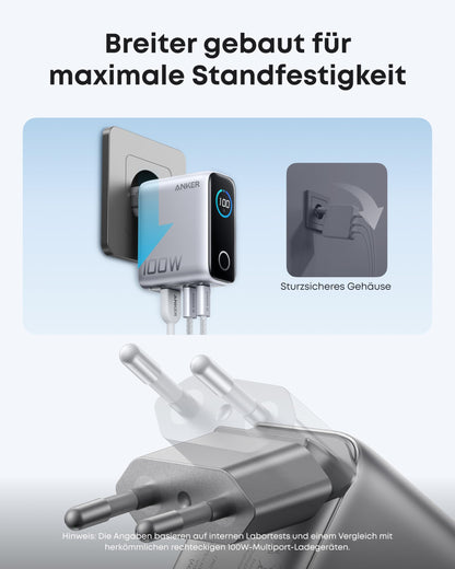 Anker 100W USB-C Ladegerät, 3-Port GaN Wandladegerät mit Smart Display