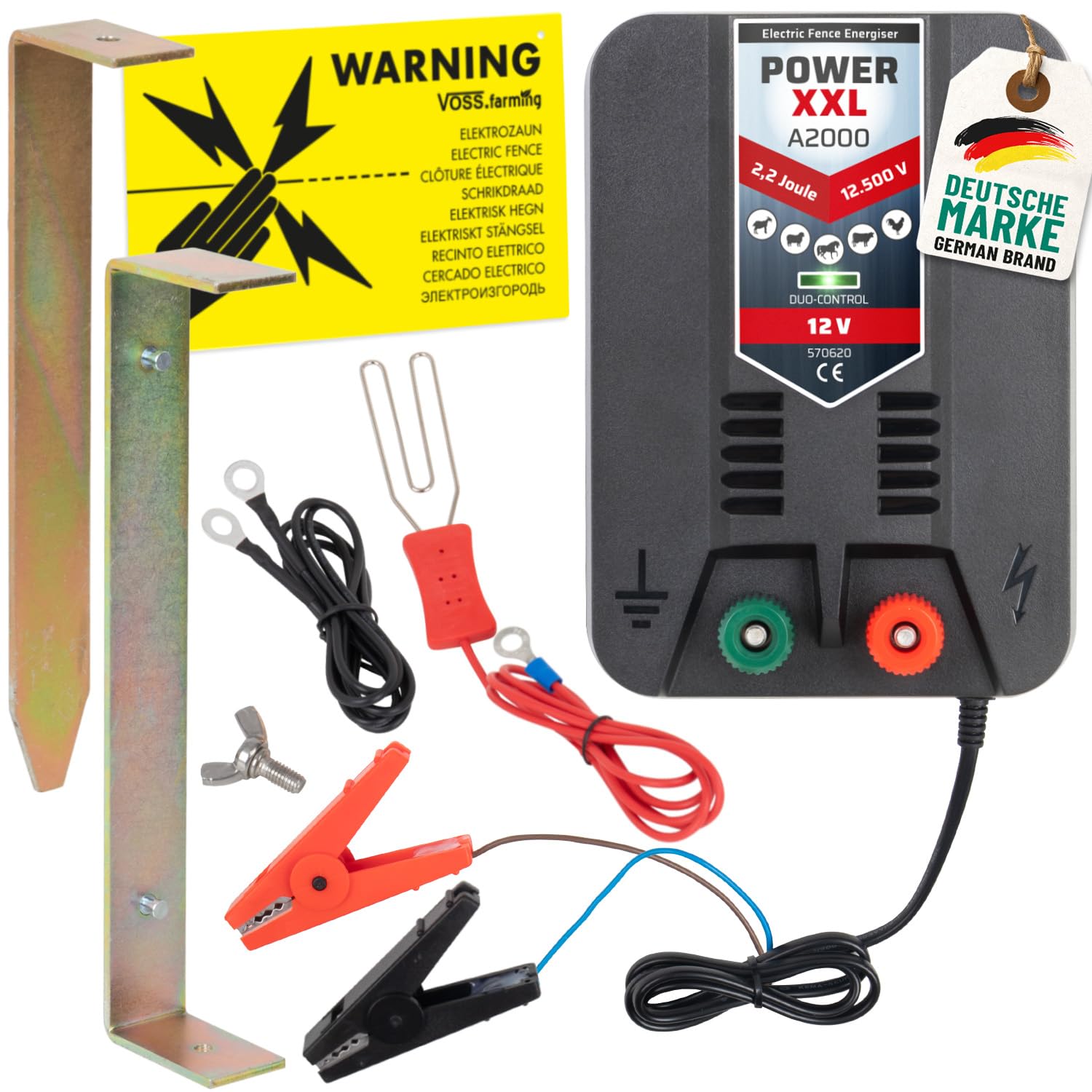 Power XXL A2000 Weidezaungerät 12V Set 12.500 Volt 2,2 Joule mit Erdpfahl und Anschlusskabeln