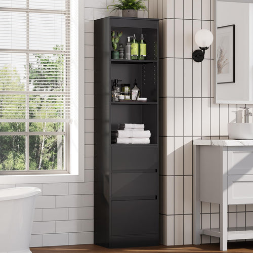 FORABAMB Badezimmerschrank Hochschrank 180 cm, 3 Schubladen, Schwarz, freistehend mit offenen Fächern