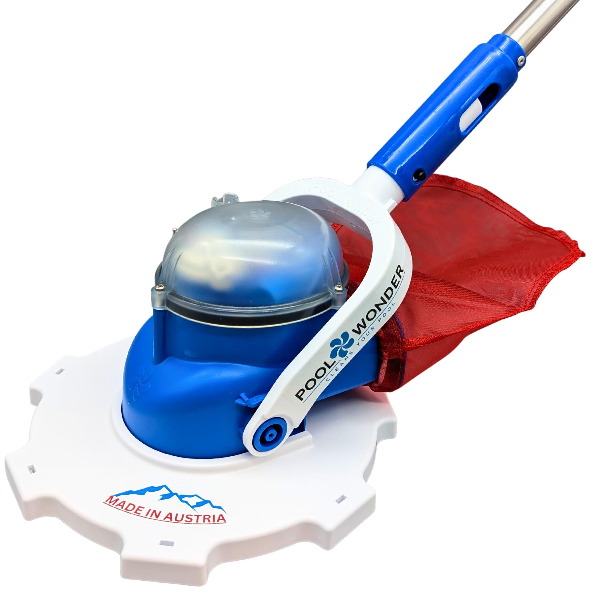 Poolwonder Marvelix Akku Poolsauger – Kabelloser Poolreiniger. Blauer Sauger reinigt Poolböden von Schmutz.
