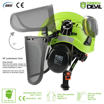 GREEN DEVIL Kettensägen-Schutzhelm 3-in-1 Helmset EN397 & EN 352-3