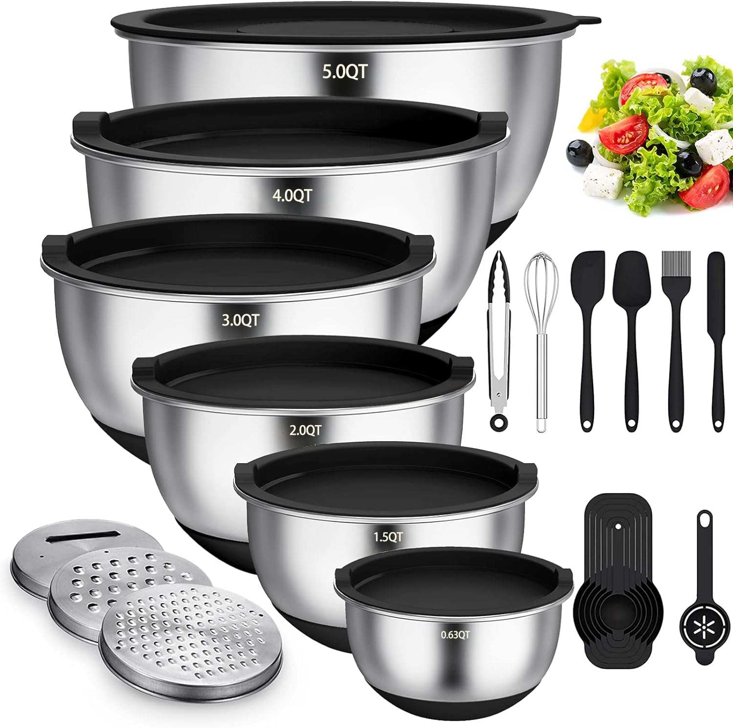 Terlulu Rührschüssel Set 6-teilig, Edelstahl mit Deckel, schwarz, stapelbar mit Silikonboden