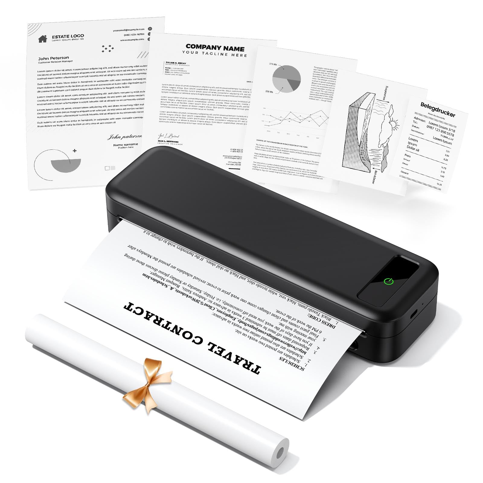 TATTMUSE A285M Thermodrucker A4 Bluetooth Mobiler Drucker Schwarz in kompakter, tragbarer Bauform