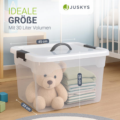 Juskys Aufbewahrungsbox mit Deckel, 4er Set, 30 Liter, transparent