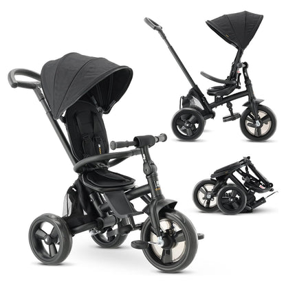 Deryan Explorer Kinderdreirad mit Schubstange, klappbar, Schwarz, ausklappbares Verdeck mit Sonnenschutz