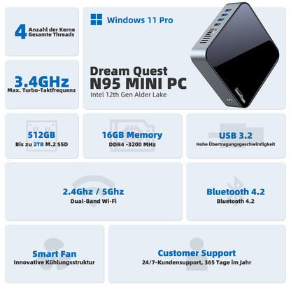 DreamQuest Mini PC N95 16GB/512GB Micro Desktop - Win 11 Pro