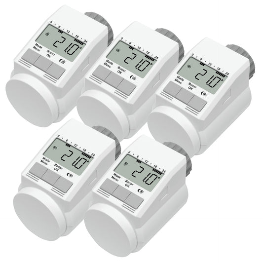 Eqiva 5er-Set Model L Elektronik-Heizkörper-Thermostat - Weiss. Fünf weiße, zylindrische Geräte regeln exakt Heizkörpertemperatur.