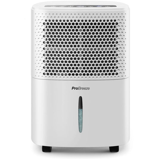 Pro Breeze 12L Luftentfeuchter mit Digitalanzeige – Weiss. Weißes, quaderförmiges Gerät mit Digitalanzeige zur Entfeuchtung der Raumluft.