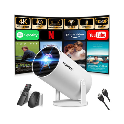 Mini 2026 Modell 4K Beamer Projektor - Android WLAN Weiss. Quaderförmig, projiziert 4K-Bilder mit Android & WLAN.