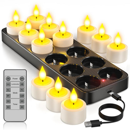 Yme LED Teelichter aufladbar, 12er Set mit Ladestation und Timer, warm flackerndes Licht