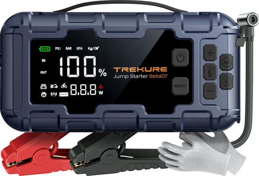 TREKURE Starthilfe Powerbank mit Kompressor – 6500A 12L Diesel. Schwarzes Kompaktgerät. Startet 12V-Fahrzeuge, lädt, pumpt.
