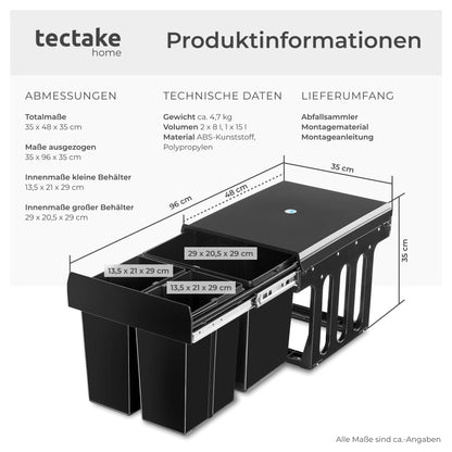 tectake Mülltrennsystem Einbau 3 Fächer (2x 8L + 15L)