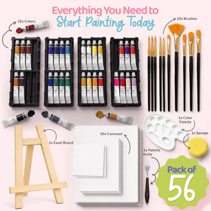 Chalkola Acrylfarben Set mit Staffelei, 32 Farben, 10 Leinwände