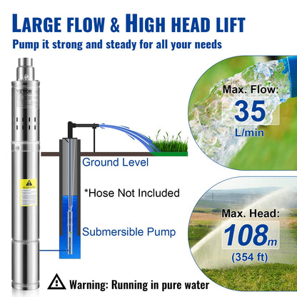 VEVOR Tiefbrunnenpumpe 550 W Tauchpumpe, 35 L/min, 108 m Förderhöhe