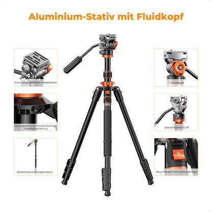 K&F CONCEPT Videostativ K234A7+FH-03 mit Fluidkopf, Aluminium, 200 cm