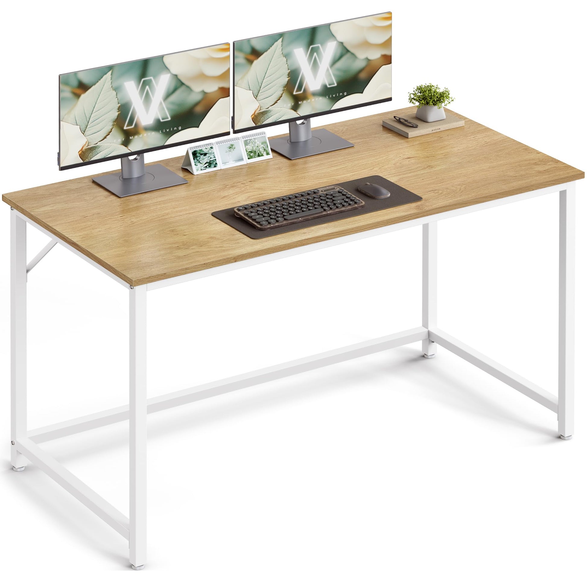 VASAGLE LWD039W70V1 Bürotisch 120x60cm - Natureiche Perlweiss. Rechteckiger Schreibtisch mit natureichener Tischplatte und perlweißem Metallgestell für den Arbeitsplatz.