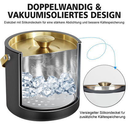 iHoo Eiskübel Edelstahl 3,2 L mit Silikondeckel & Schaufel, Schwarz