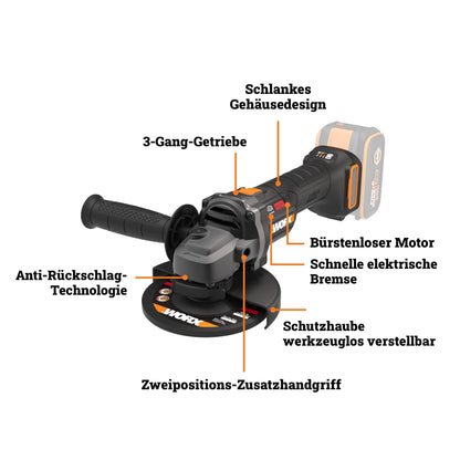 WORX WX814.9 Nitro Brushless Akku-Winkelschleifer - 125mm, ohne Akku