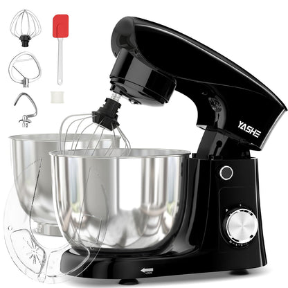 YASHE Küchenmaschine 1500W - 4.5+5L Edelstahlschüsseln. Silberne Standmixer-Form mit zwei Schüsseln. Knetet, rührt, schlägt Teig und Cremes.