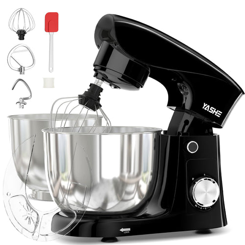 YASHE Küchenmaschine 1500W - 4.5+5L Edelstahlschüsseln. Silberne Standmixer-Form mit zwei Schüsseln. Knetet, rührt, schlägt Teig und Cremes.