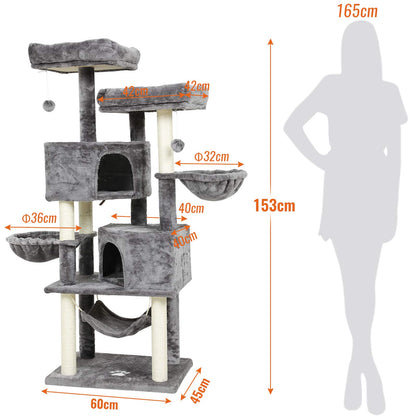 MSmask Kratzbaum 153 cm für grosse Katzen mit Höhlen, Hellgrau