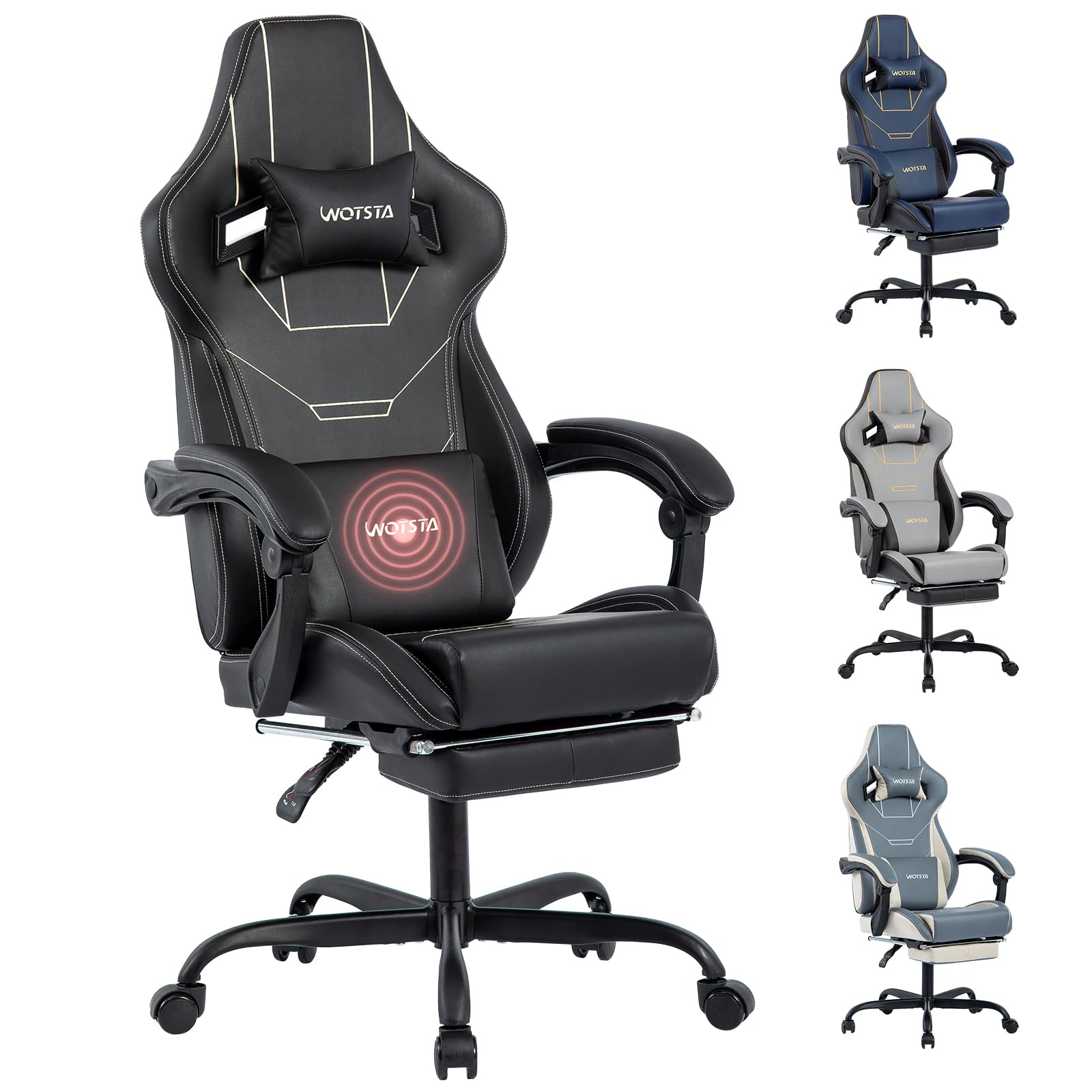 WOTSTA Gaming Stuhl ergonomisch mit Fussstütze, schwarz, PU-Leder, Kopfstütze