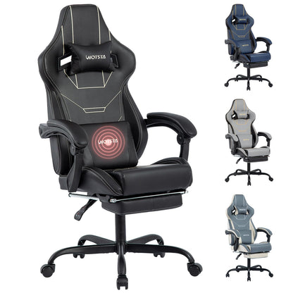 WOTSTA Gaming Stuhl ergonomisch mit Fussstütze, schwarz, PU-Leder, Kopfstütze