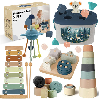 Almaxi 5-in-1 Montessori Spielzeug Baby ab 6 Monate, Motorikspielzeug aus Holz und Silikon