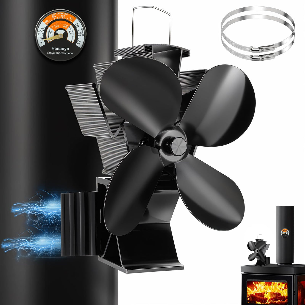 Hanaoyo 3-in-1 Kaminventilator magnetisch mit Thermometer, ohne Strom – Befestigung am Ofenrohr