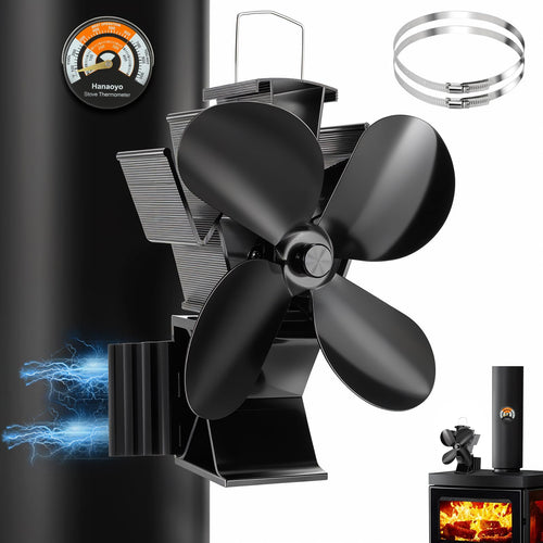 Hanaoyo 3-in-1 Kaminventilator magnetisch mit Thermometer, ohne Strom – Befestigung am Ofenrohr