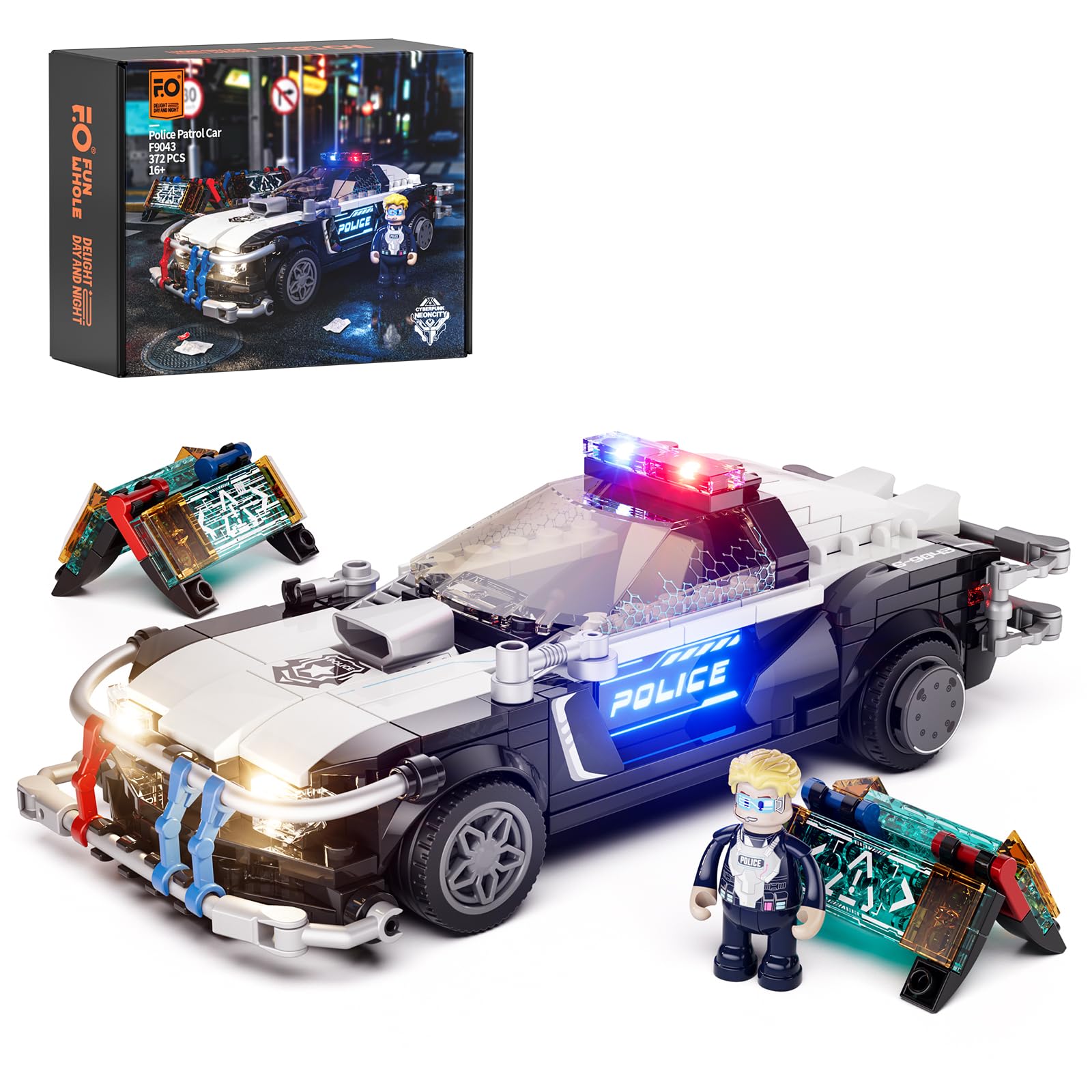 FUNWHOLE F9043 Polizeistreifenwagen Baustein-Set mit Licht, 372 Teile, beleuchtete Nummernschilder, Polizistenfigur