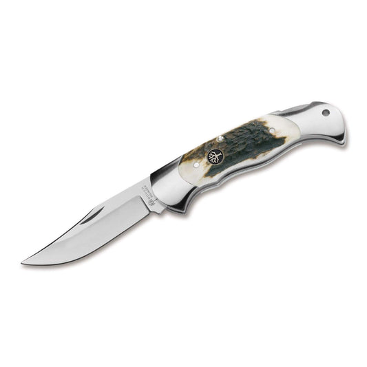 Böker Solingen Scout Jagdmesser Klappmesser - Hirschhorn, mit braunem Hirschhorn-Griff und Klappklinge zur Wildversorgung.