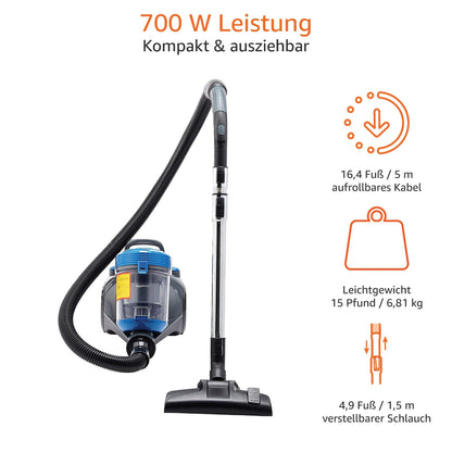 Amazon Basics Zylinder-Staubsauger beutellos - 700W Schwarz/Blau